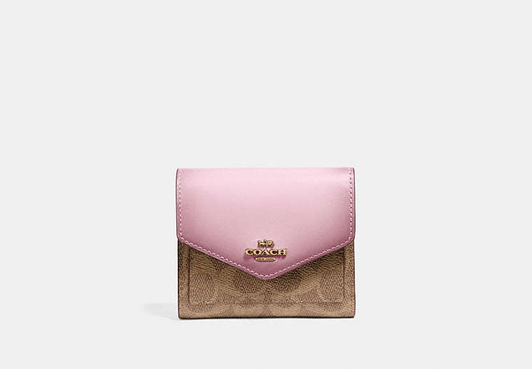 COACH®,SMALL WALLET IN COLORBLOCK SIGNATURE CANVAS,pvc,Brass/Tan/Blossom,Front View