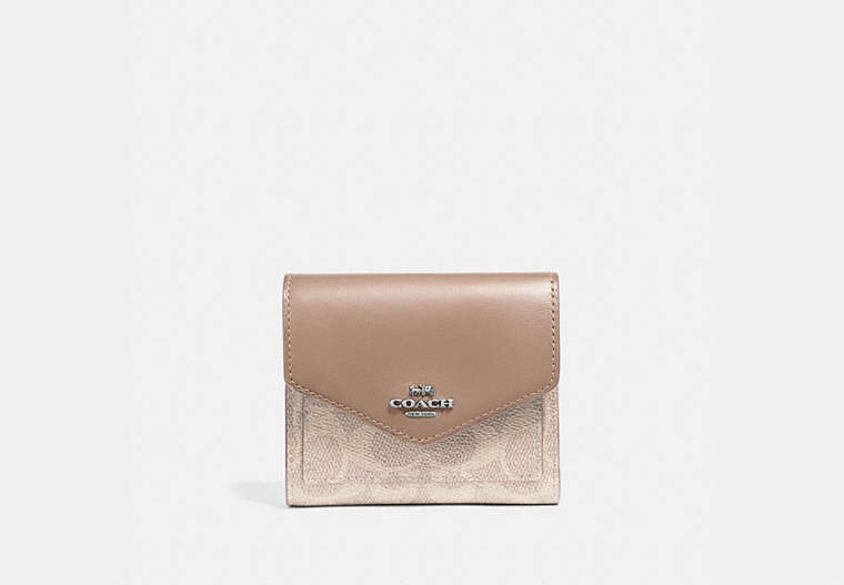 COACH®,SMALL WALLET IN COLORBLOCK SIGNATURE CANVAS,pvc,Light Antique Nickel/Sand Taupe,Front View