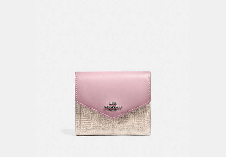 COACH®,SMALL WALLET IN COLORBLOCK SIGNATURE CANVAS,pvc,Light Antique Nickel/Sand Aurora,Front View