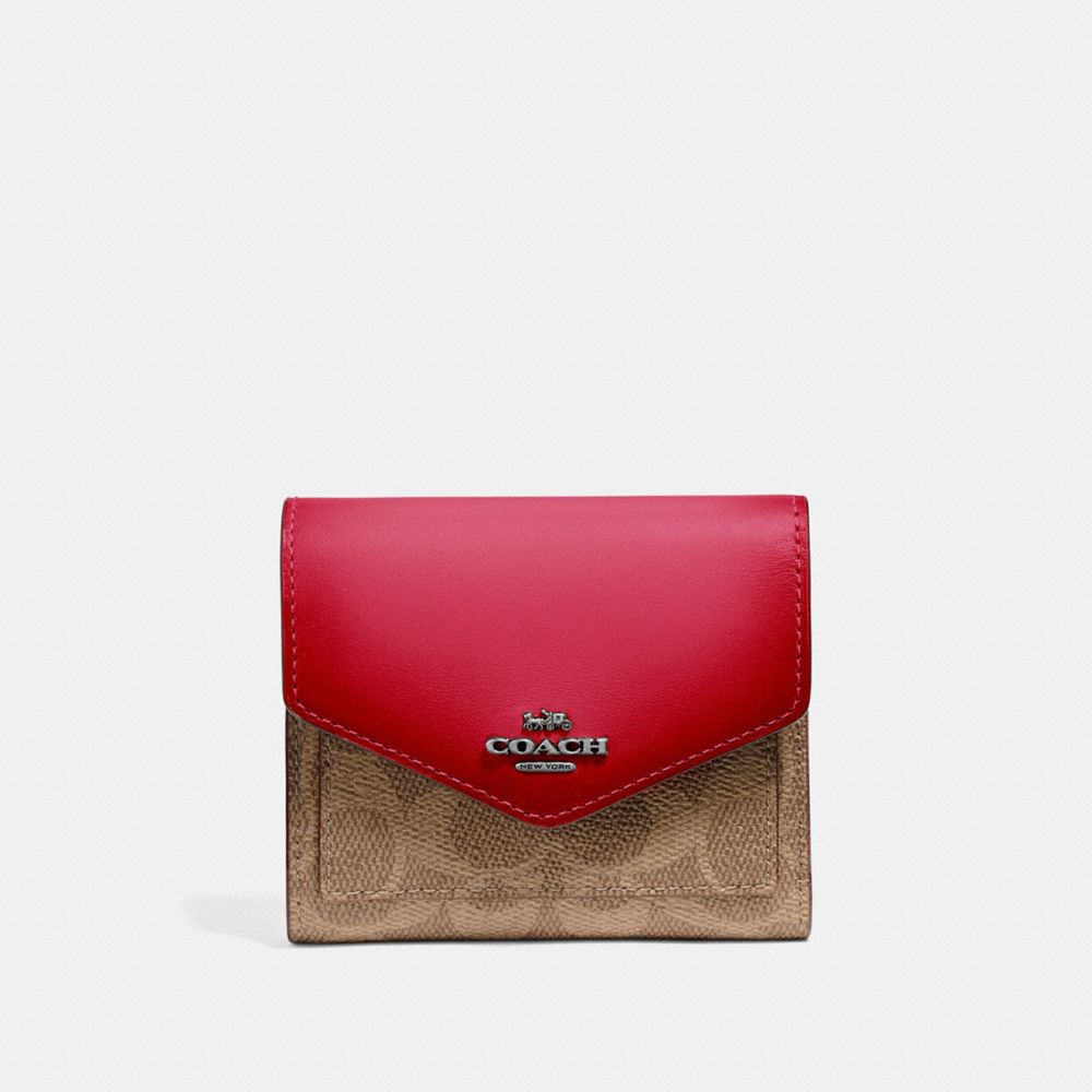 COACH®,SMALL WALLET IN COLORBLOCK SIGNATURE CANVAS,pvc,Pewter/Tan Red Apple,Front View