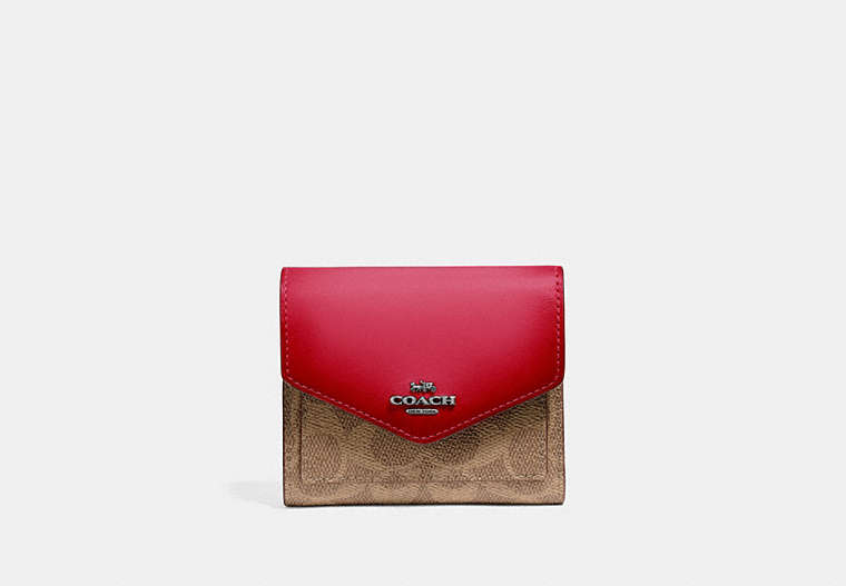 COACH®,SMALL WALLET IN COLORBLOCK SIGNATURE CANVAS,pvc,Pewter/Tan Red Apple,Front View image number 0