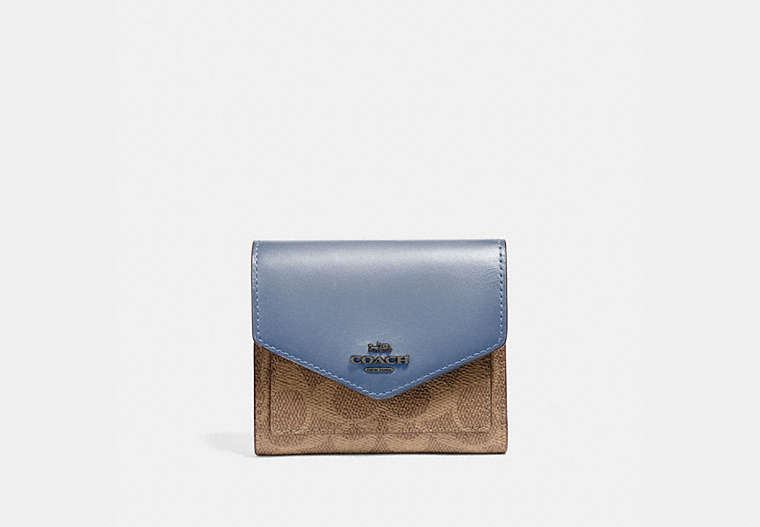 COACH®,SMALL WALLET IN COLORBLOCK SIGNATURE CANVAS,pvc,Pewter/Tan Bluebell,Front View