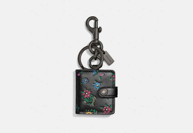 COACH®,PICTURE FRAME BAG CHARM WITH WILDFLOWER PRINT,Leather,Pewter/Black/Wine,Front View