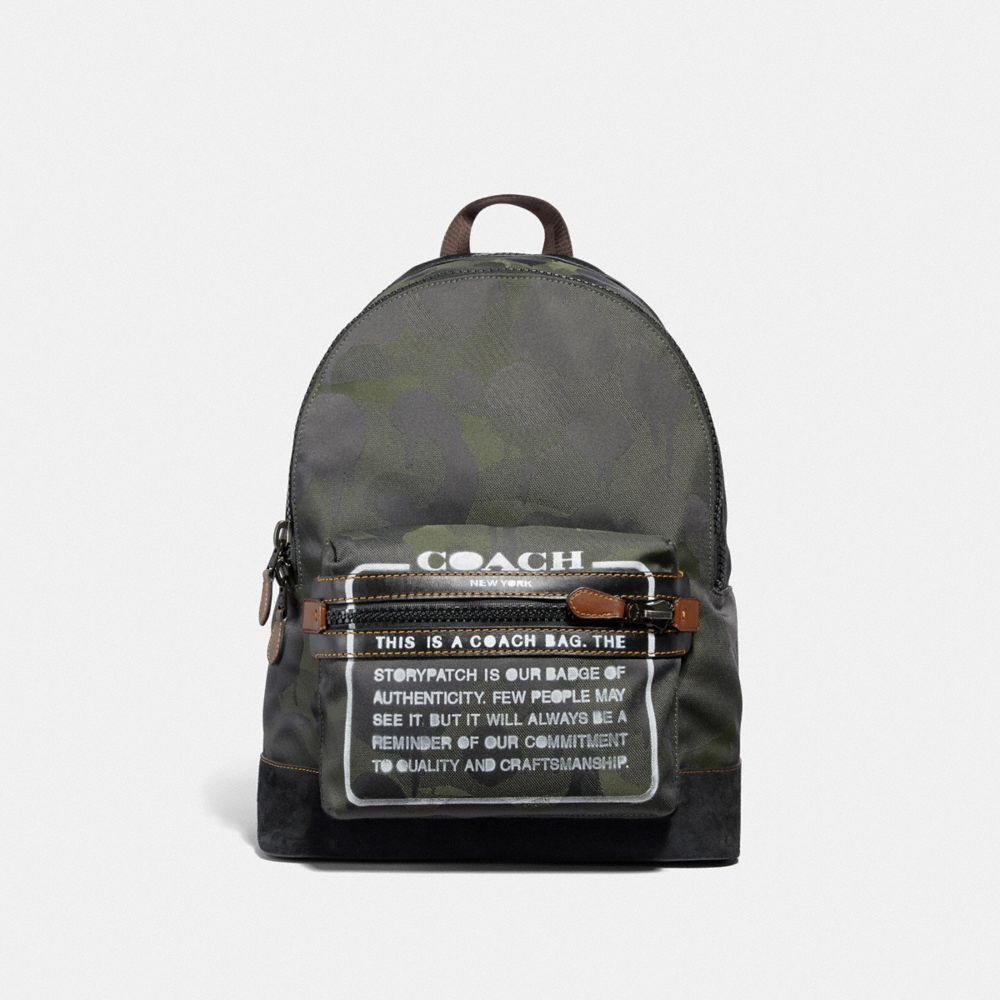 COACH®,ACADEMY BACKPACK WITH CAMO PRINT AND STORYPATCH,Mixed Material,X-Large,Black Antique/MILITARY,Front View