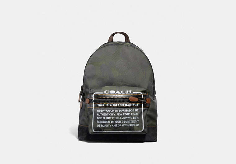 COACH®,ACADEMY BACKPACK WITH CAMO PRINT AND STORYPATCH,Mixed Material,X-Large,Black Antique/MILITARY,Front View