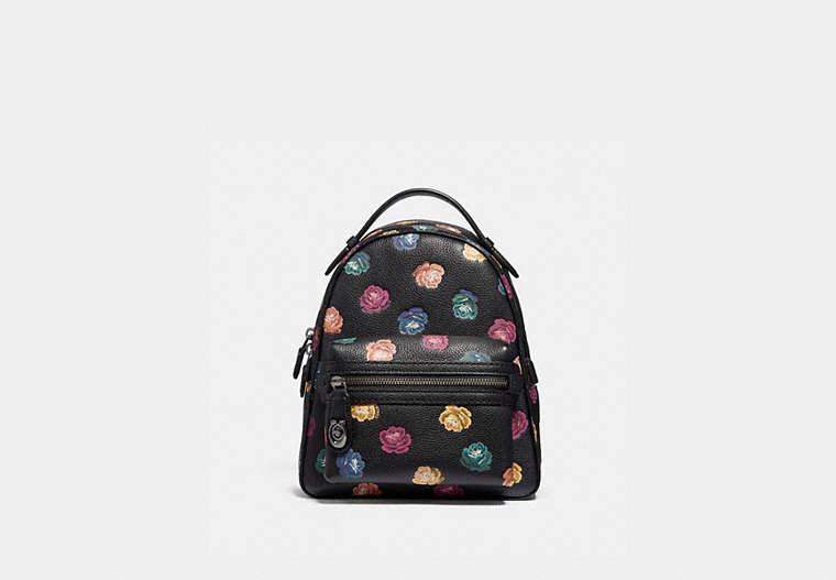 COACH®,CAMPUS BACKPACK 23 WITH RAINBOW ROSE PRINT,Leather,Medium,Gunmetal/Black Multi,Front View
