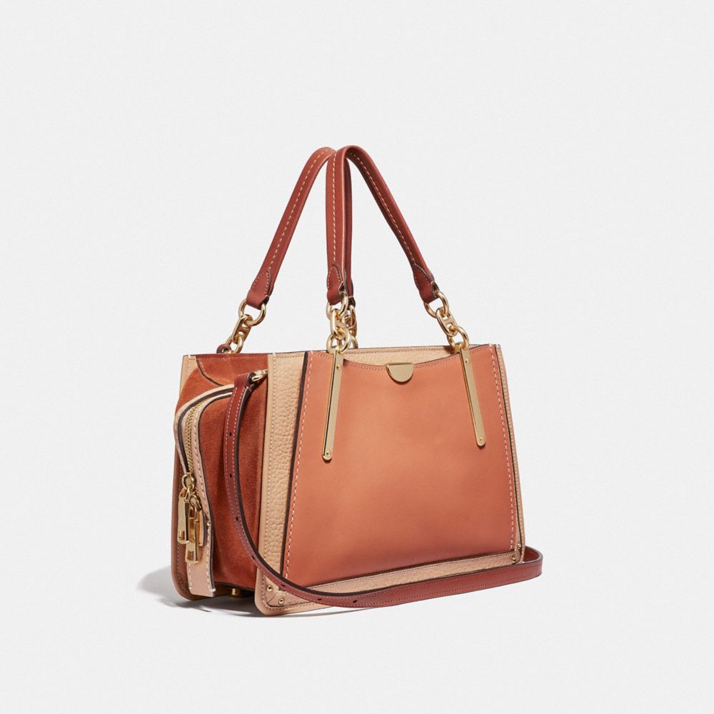 COACH®,DREAMER IN COLORBLOCK,Leather,Medium,Gold/Sunrise Multi,Angle View