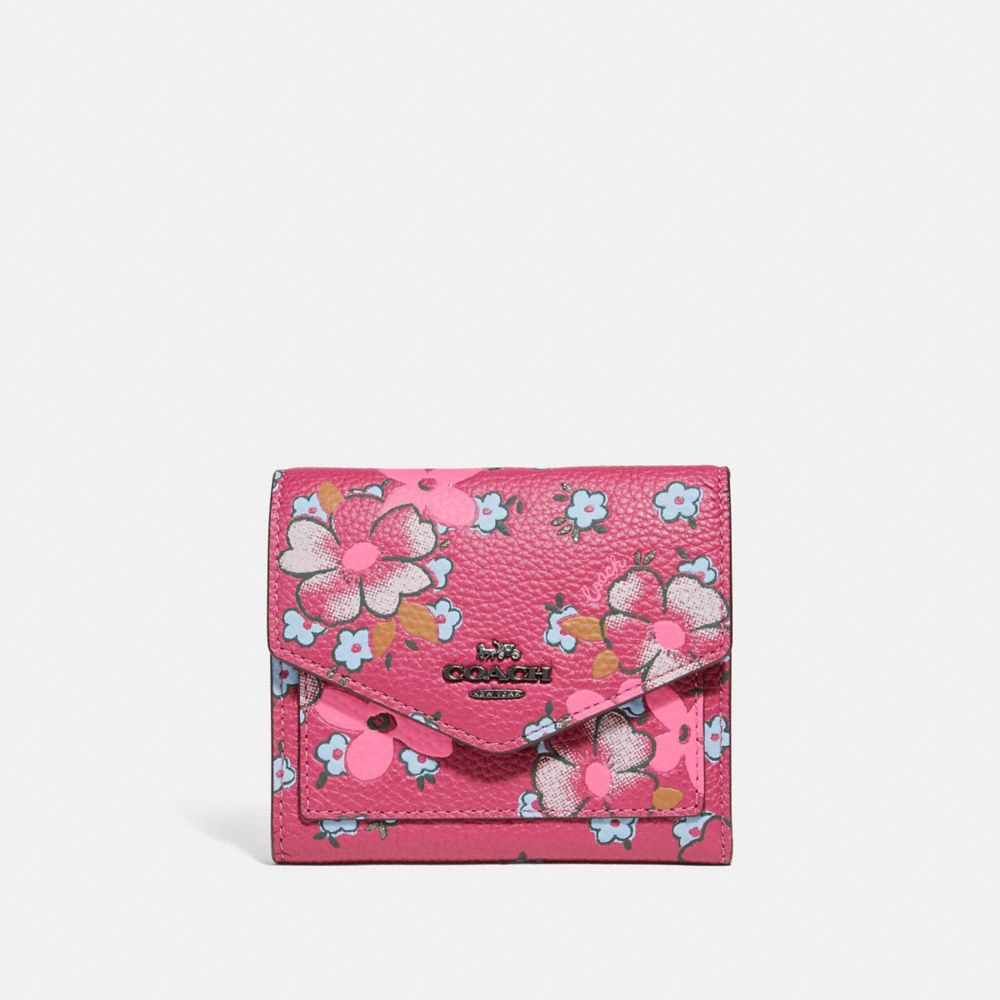 Coach, Bags, Pink With Blue Floral Print Coach Mini Wallet