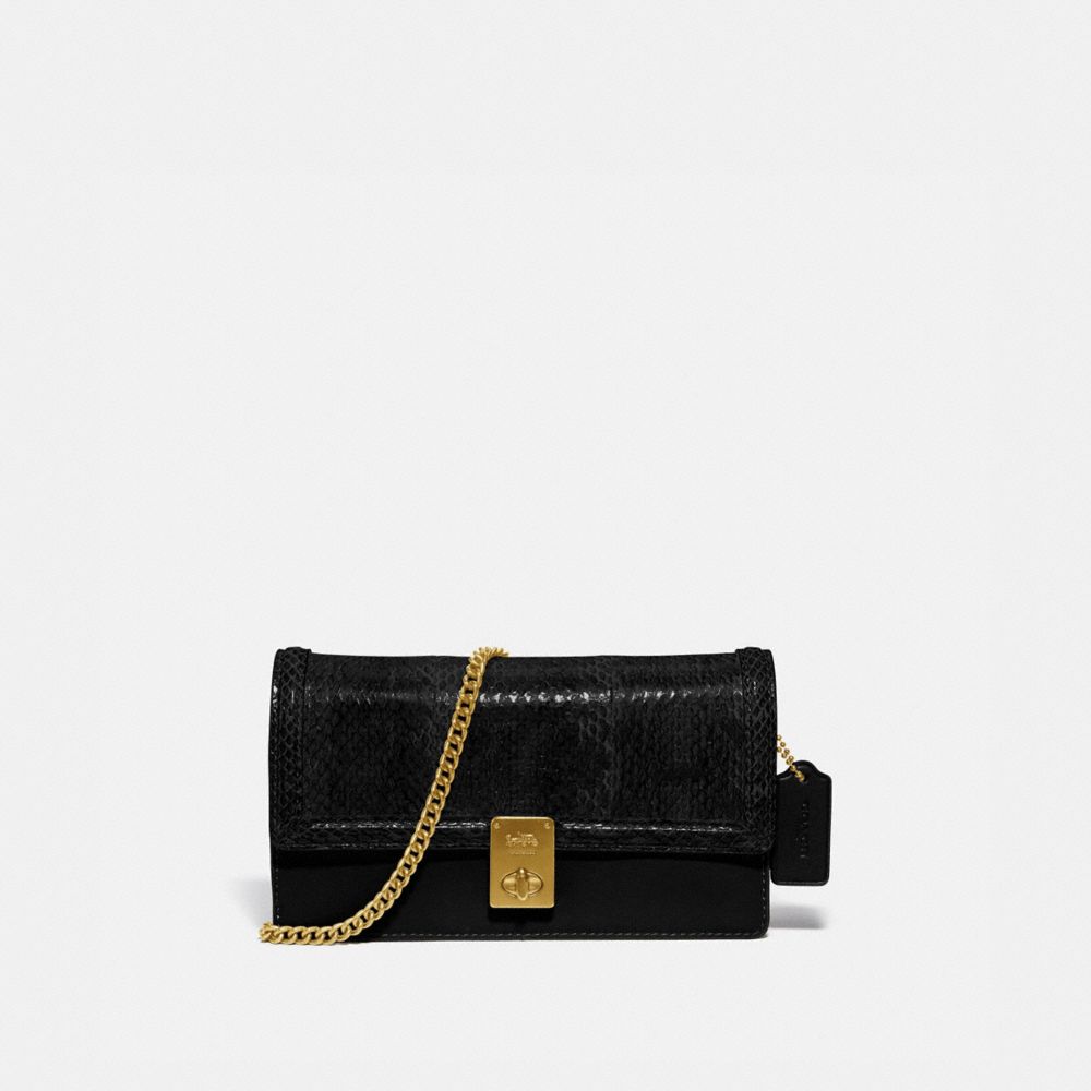 COACH®,HUTTON CLUTCH IN SNAKESKIN,Leather,Small,Brass/Black,Front View