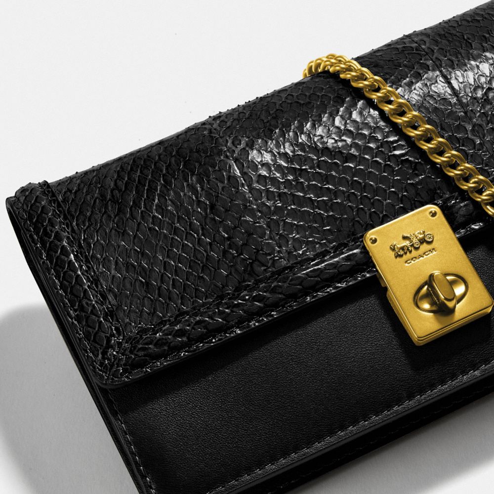 COACH®,HUTTON CLUTCH IN SNAKESKIN,Leather,Small,Brass/Black,Closer View