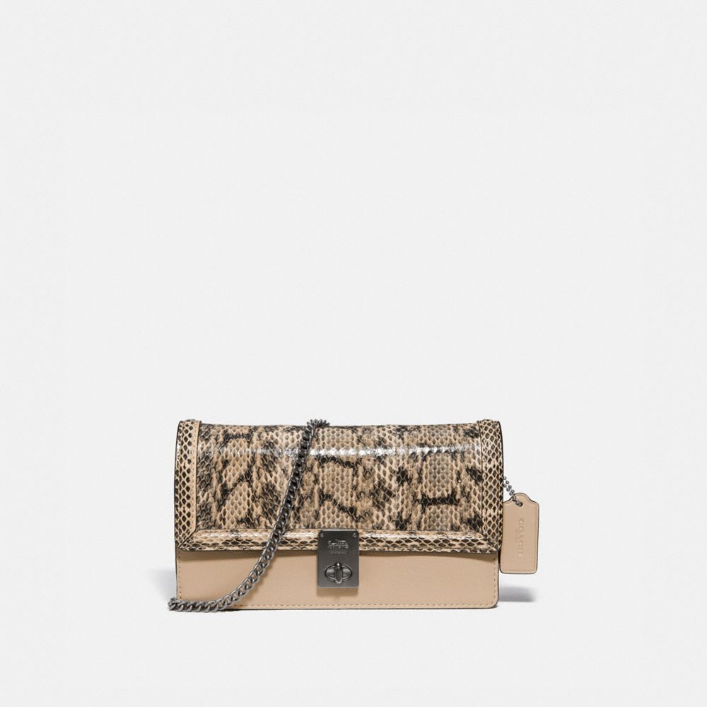 COACH®,HUTTON CLUTCH IN SNAKESKIN,Leather,Mini,Pewter/Neutral,Front View image number 0