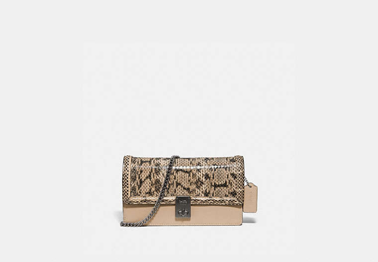 COACH®,HUTTON CLUTCH IN SNAKESKIN,Leather,Small,Pewter/Neutral,Front View