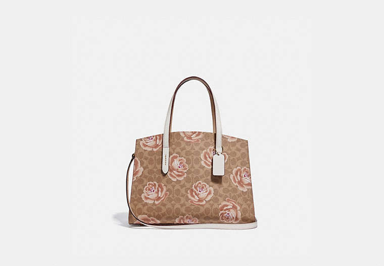 COACH®,CHARLIE CARRYALL IN SIGNATURE ROSE PRINT,Coated Canvas,Large,Brass/Tan/Chalk,Front View