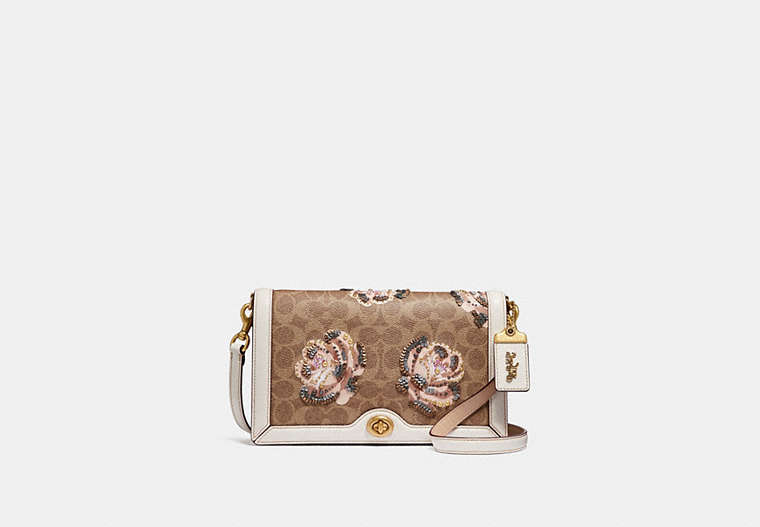 COACH®,RILEY CROSSBODY IN EMBELLISHED SIGNATURE ROSE PRINT,Coated Canvas,Small,Brass/Chalk,Front View