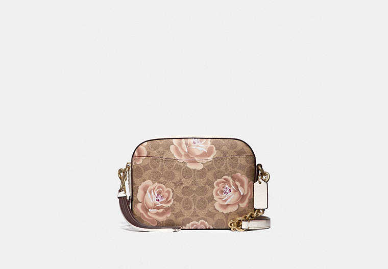 COACH®,CAMERA BAG IN SIGNATURE ROSE PRINT,pvc,Small,Brass/Tan/Chalk,Front View