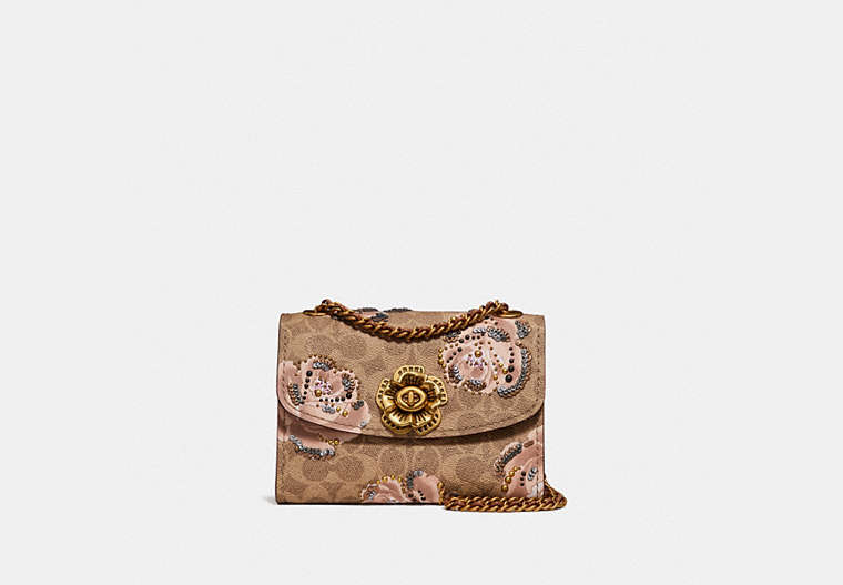 COACH®,PARKER 18 IN EMBELLISHED SIGNATURE ROSE PRINT,Coated Canvas,Small,Brass/Tan/Chalk,Front View