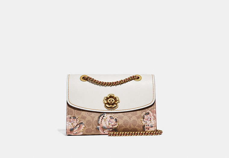 COACH®,PARKER IN EMBELLISHED SIGNATURE ROSE PRINT,Leather,Medium,Brass/Tan/Chalk,Front View