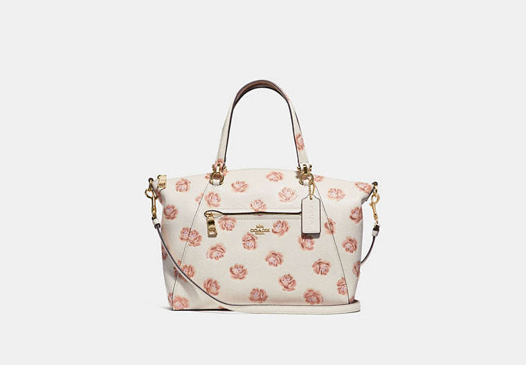 COACH®,PRAIRIE SATCHEL WITH ROSE PRINT,Leather,Medium,Chalk/Light Gold,Front View