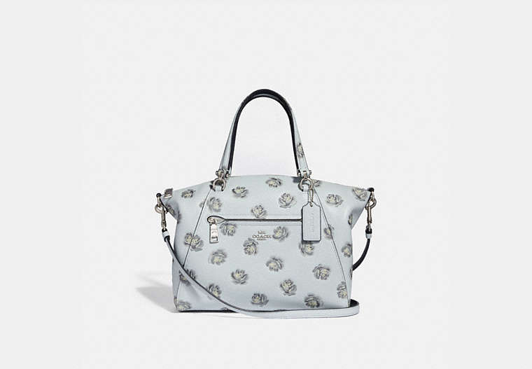 COACH®,PRAIRIE SATCHEL WITH ROSE PRINT,Leather,Medium,Silver/Sky,Front View