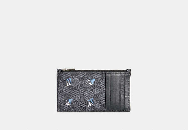 COACH®,ZIP CARD CASE IN SIGNATURE CANVAS WITH DOT DIAMOND PRINT,Mixed Material,Charcoal,Front View