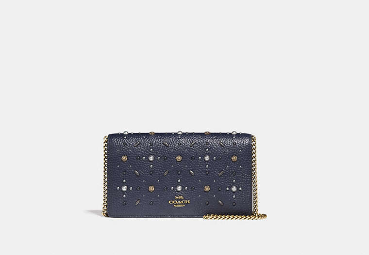 COACH®,CALLIE FOLDOVER CHAIN CLUTCH WITH PRAIRIE RIVETS,Leather,Mini,Brass/Midnight Navy,Front View