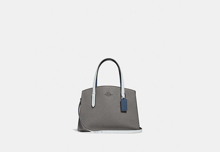 COACH®,CHARLIE CARRYALL 28 WITH COLORBLOCK SNAKESKIN DETAIL,Leather,Medium,Heather Grey Multi/Dark Gunmetal,Front View