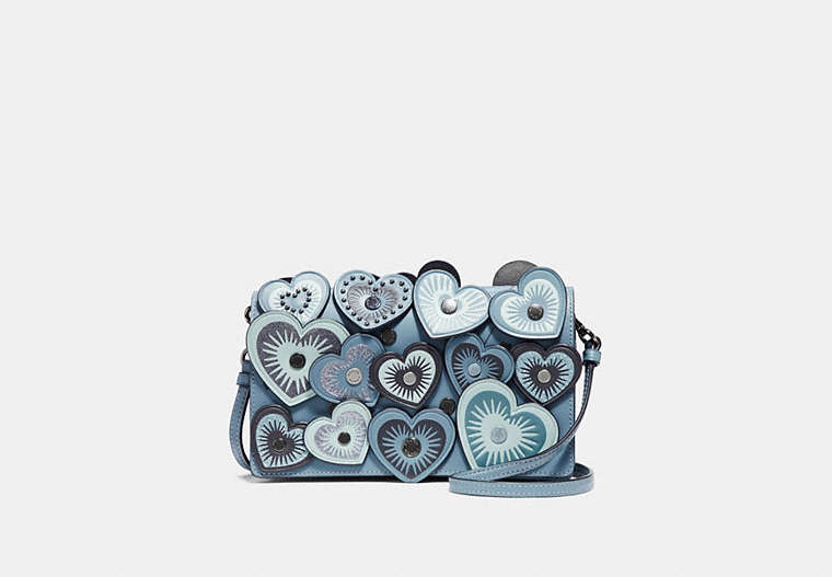 COACH®,HAYDEN FOLDOVER CROSSBODY CLUTCH WITH HEARTS,Leather,Mini,Dark Gunmetal/Chambray,Front View