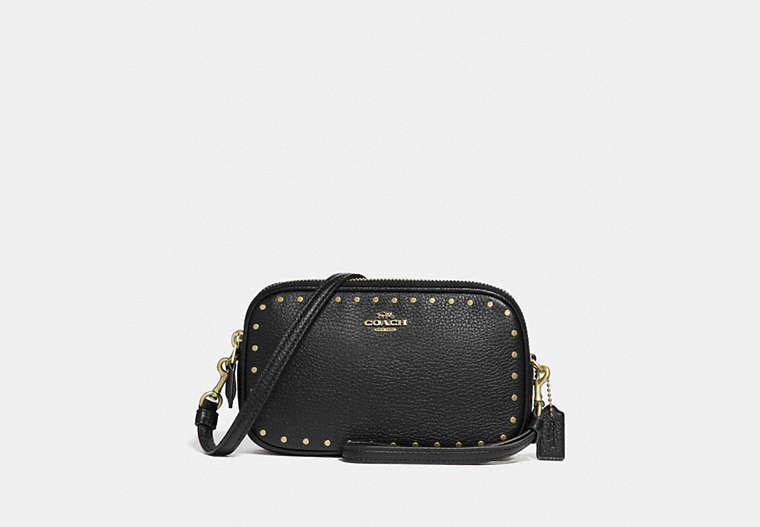 COACH®,SADIE CROSSBODY CLUTCH WITH RIVETS,Leather,Brass/Black,Front View