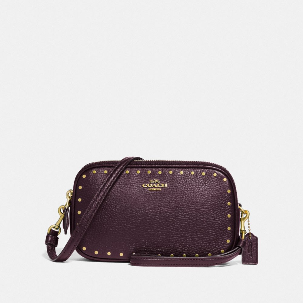 COACH®,SADIE CROSSBODY CLUTCH WITH RIVETS,Leather,Brass/Oxblood,Front View