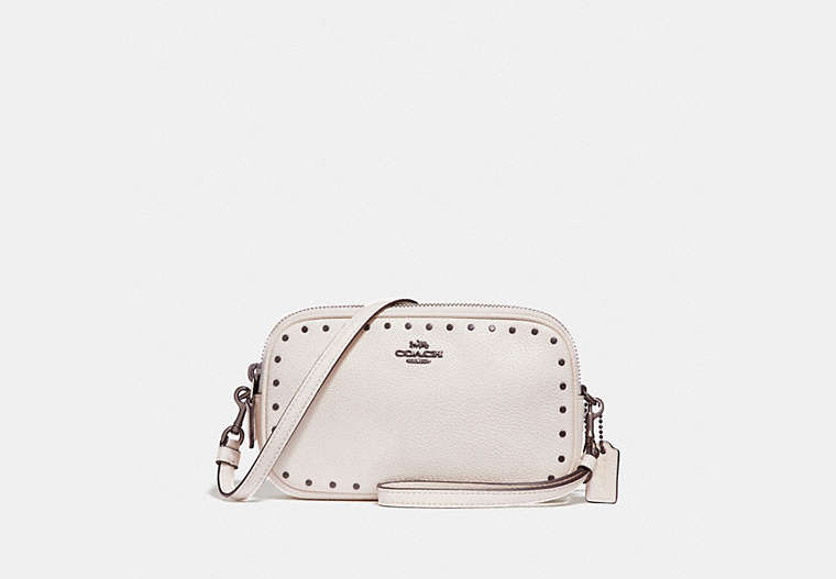 COACH®,SADIE CROSSBODY CLUTCH WITH RIVETS,Leather,Black Copper/Chalk,Front View