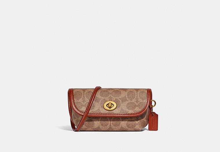 COACH®,TURNLOCK FLARE BELT BAG IN SIGNATURE CANVAS,pvc,Brass/Tan/Rust,Front View