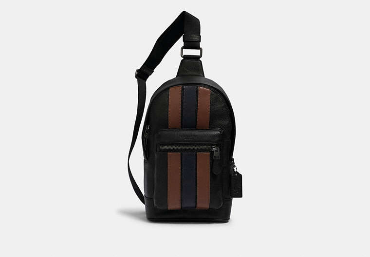 COACH®,WEST PACK WITH VARSITY STRIPE,Leather,Medium,Gunmetal/Black Saddle/Midnight,Front View