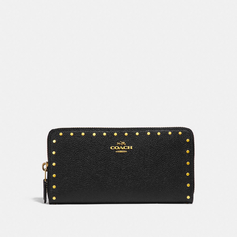 COACH®,ACCORDION ZIP WALLET WITH RIVETS,Leather,Brass/Black,Front View