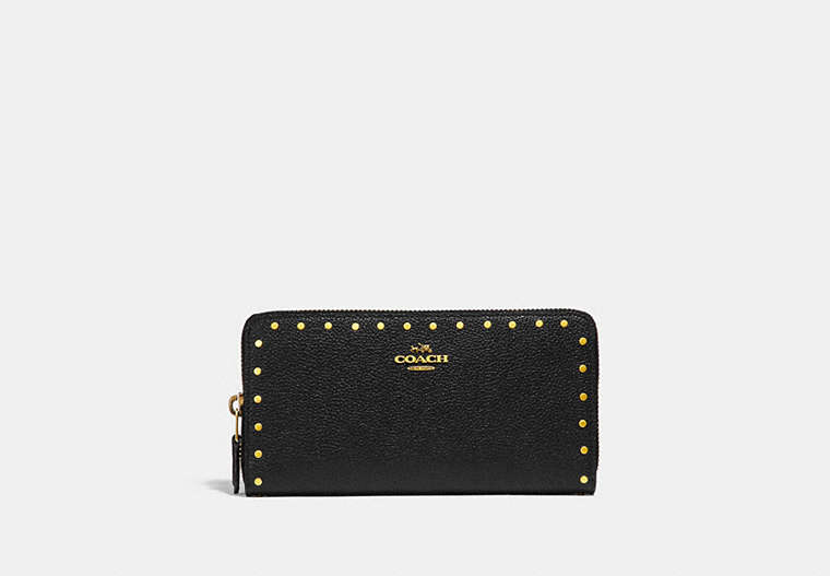 COACH®,ACCORDION ZIP WALLET WITH RIVETS,Leather,Brass/Black,Front View