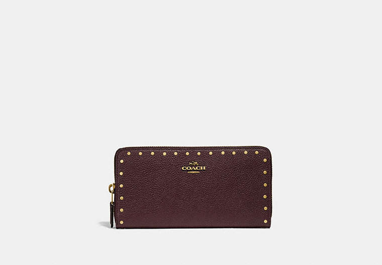 COACH®,ACCORDION ZIP WALLET WITH RIVETS,Leather,Brass/Oxblood,Front View