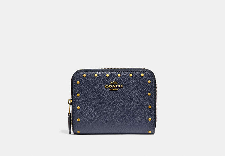 COACH®,SMALL ZIP AROUND WALLET WITH RIVETS,Leather,Brass/Midnight Navy,Front View