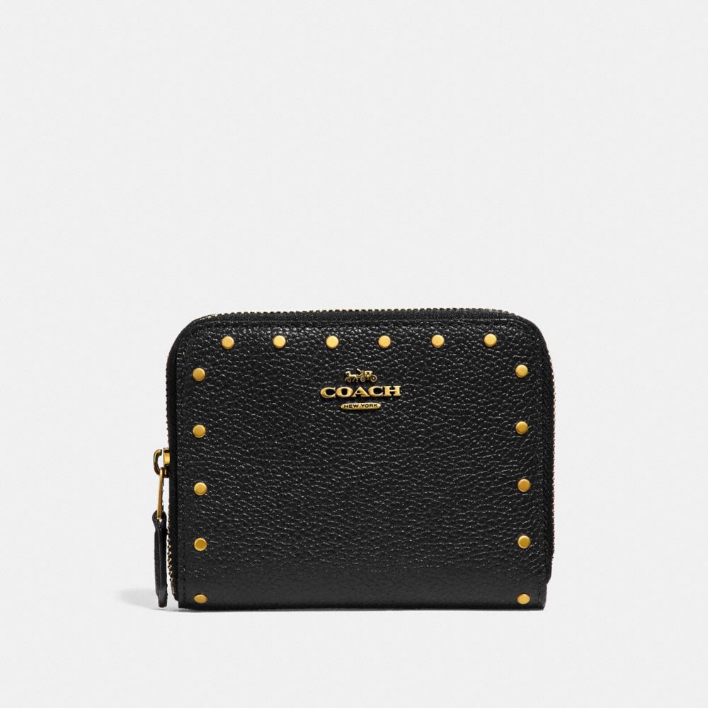 COACH®,SMALL ZIP AROUND WALLET WITH RIVETS,Leather,Brass/Black,Front View