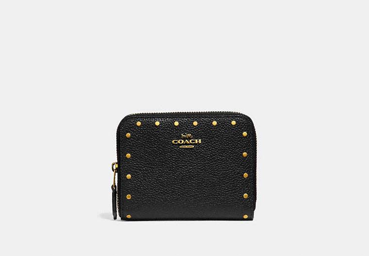 COACH®,SMALL ZIP AROUND WALLET WITH RIVETS,Leather,Brass/Black,Front View