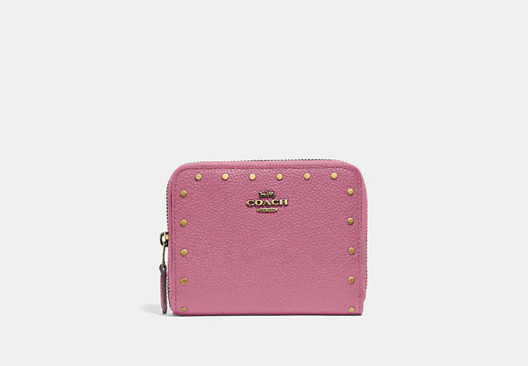 COACH®,SMALL ZIP AROUND WALLET WITH RIVETS,Leather,Brass/Rose,Front View