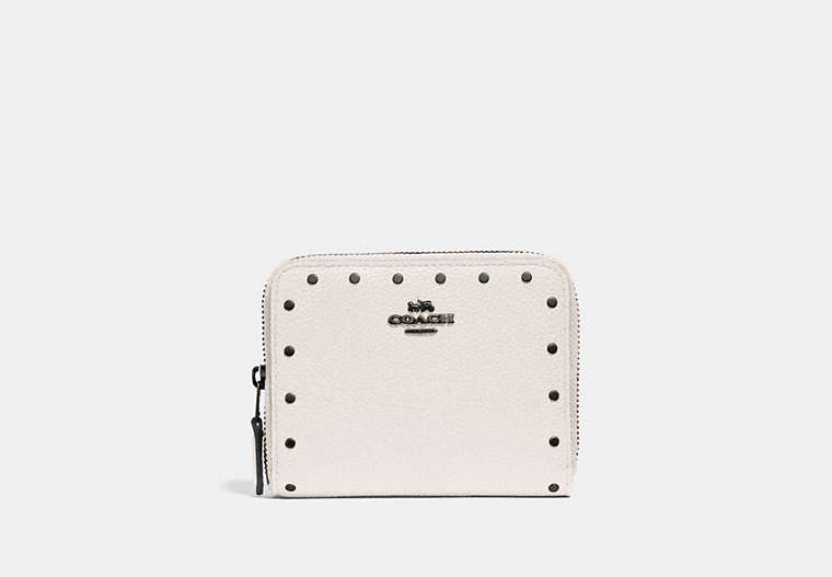 COACH®,SMALL ZIP AROUND WALLET WITH RIVETS,Leather,Black Copper/Chalk,Front View