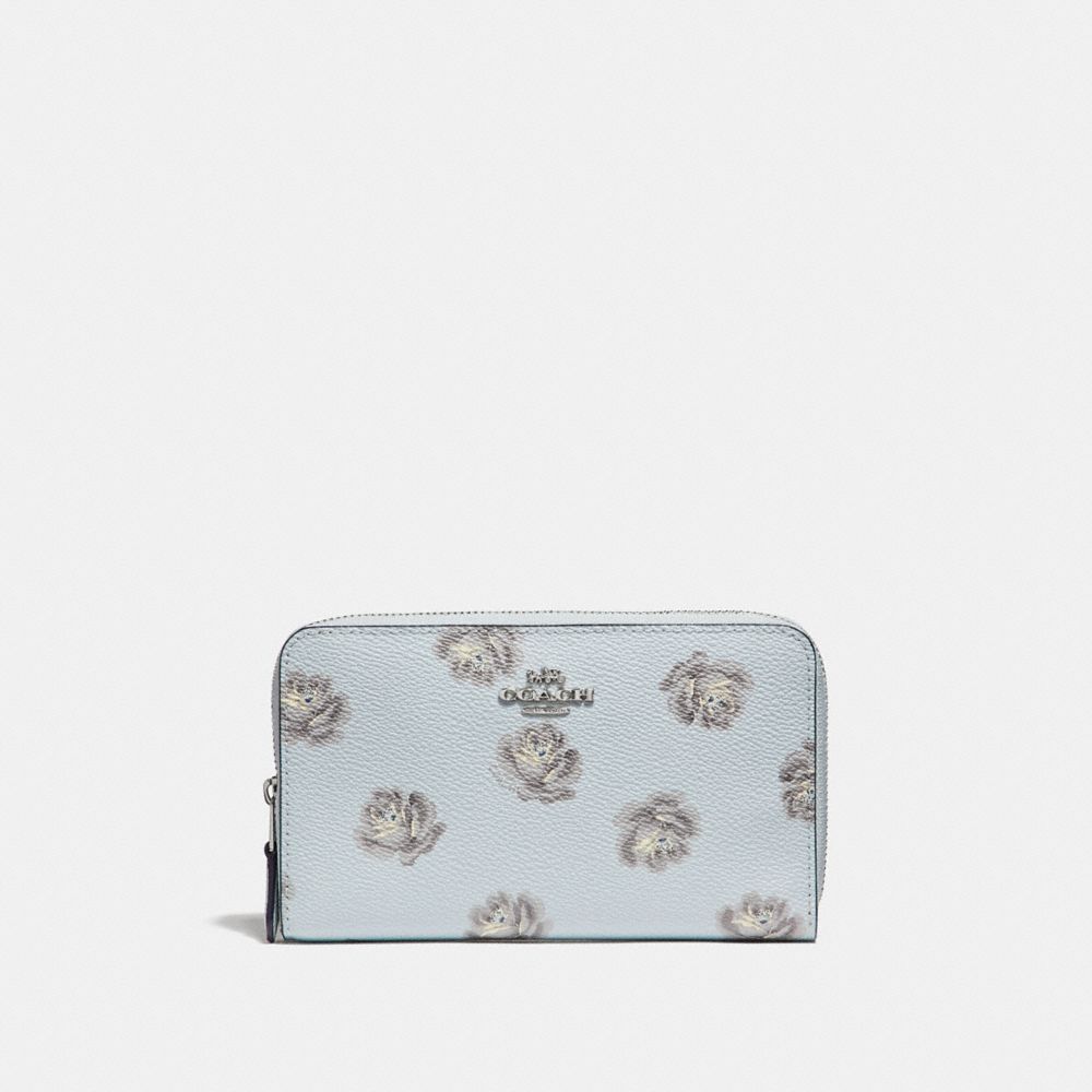 COACH®,MEDIUM ZIP AROUND WALLET WITH ROSE PRINT,pvc,Silver/Sky Rose Print,Front View