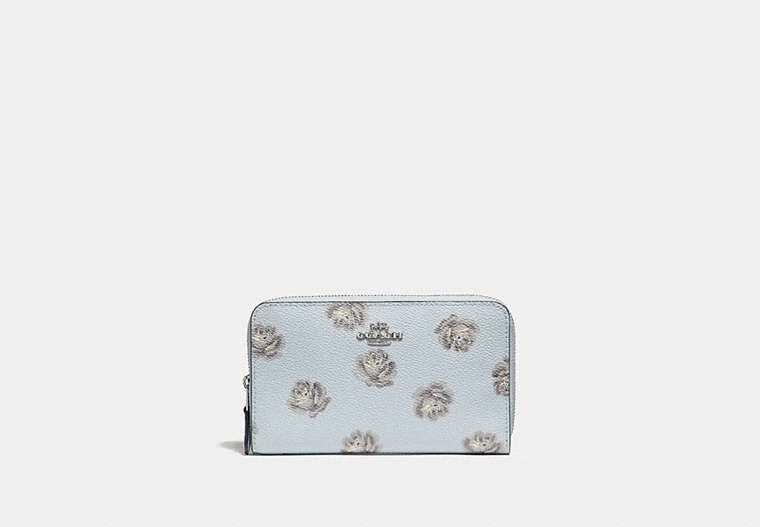 COACH®,MEDIUM ZIP AROUND WALLET WITH ROSE PRINT,pvc,Silver/Sky Rose Print,Front View