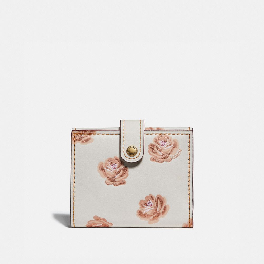 COACH®,SMALL TRIFOLD WALLET WITH ROSE PRINT,Leather,Brass/Chalk Rose Print,Front View