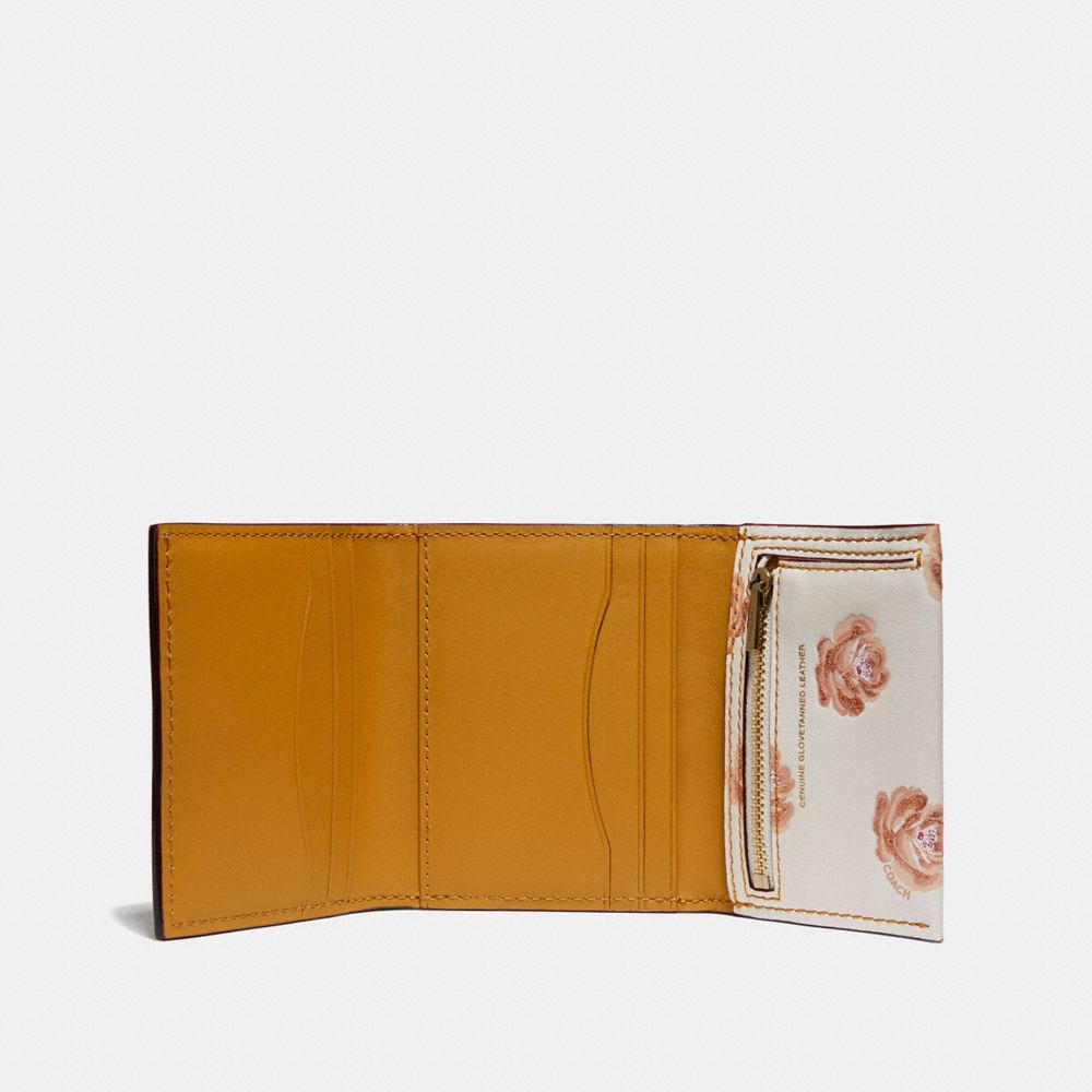 COACH®,SMALL TRIFOLD WALLET WITH ROSE PRINT,Leather,Brass/Chalk Rose Print,Inside View,Top View