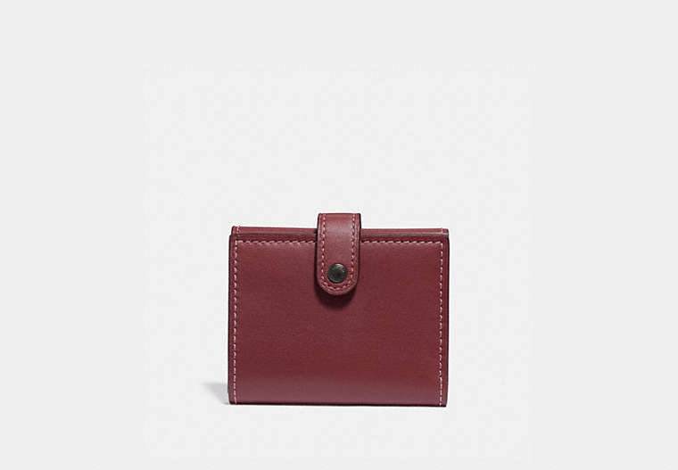 COACH®,SMALL TRIFOLD WALLET WITH ROSE PRINT INTERIOR,Leather,Black Copper/Wine,Front View