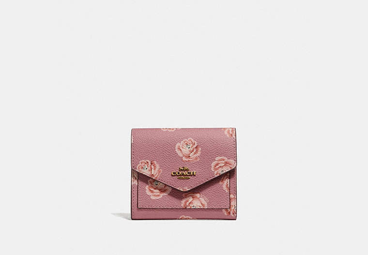 COACH®,SMALL WALLET WITH ROSE PRINT,Coated Canvas,Brass/Rose Print,Front View