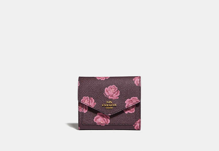 COACH®,SMALL WALLET WITH ROSE PRINT,Coated Canvas,Gold/Oxblood Rose Print,Front View