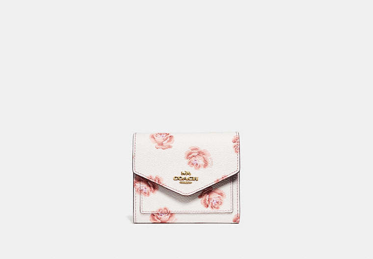 COACH®,SMALL WALLET WITH ROSE PRINT,Coated Canvas,Chalk Rose Print/Light Gold,Front View