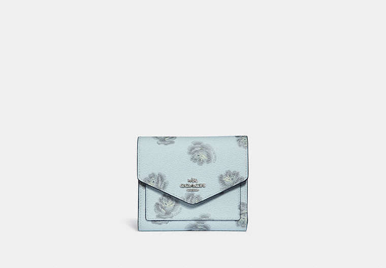 COACH®,SMALL WALLET WITH ROSE PRINT,Coated Canvas,Silver/Sky Rose Print,Front View