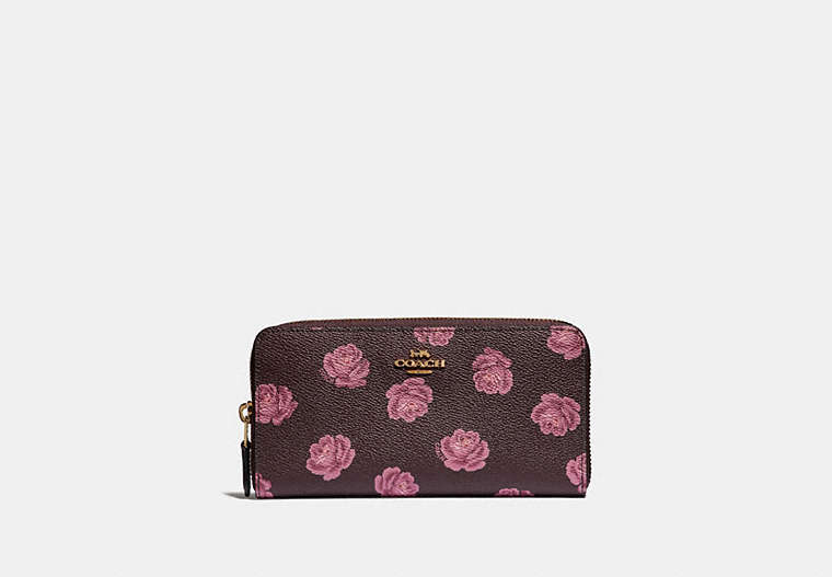 COACH®,ACCORDION ZIP WALLET WITH ROSE PRINT,pvc,Gold/Oxblood Rose Print,Front View